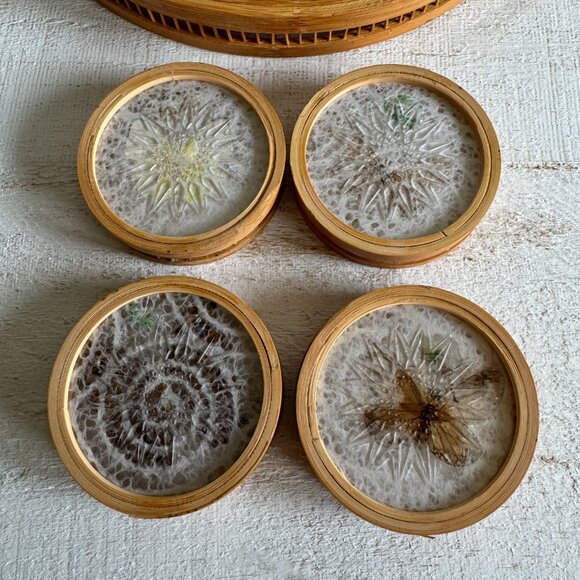 Vintage Round Bamboo Decorative Tray and Coaster Set with Butterflies and leaves - Picture 6 of 8